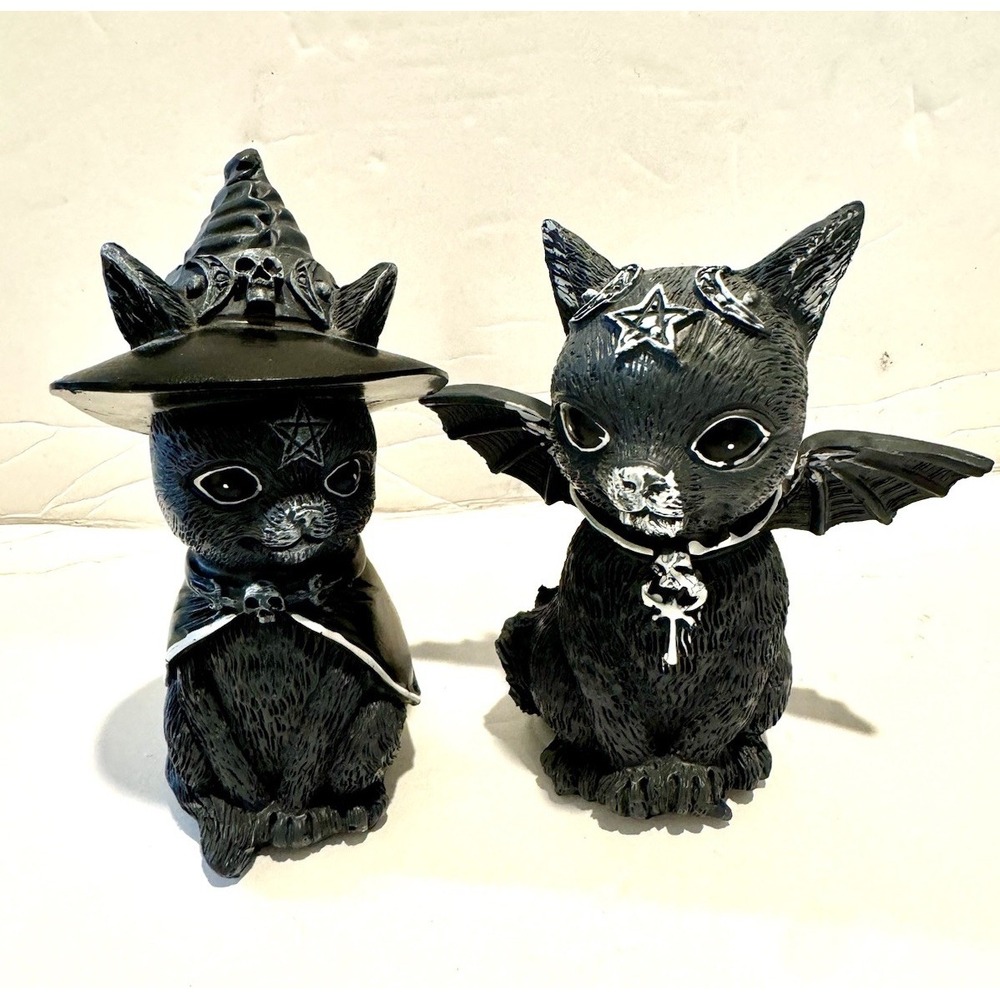 Black Cat Figurine Gothic Occult Halloween Decor Wiccan Resin Set Of 2 Winged 4"